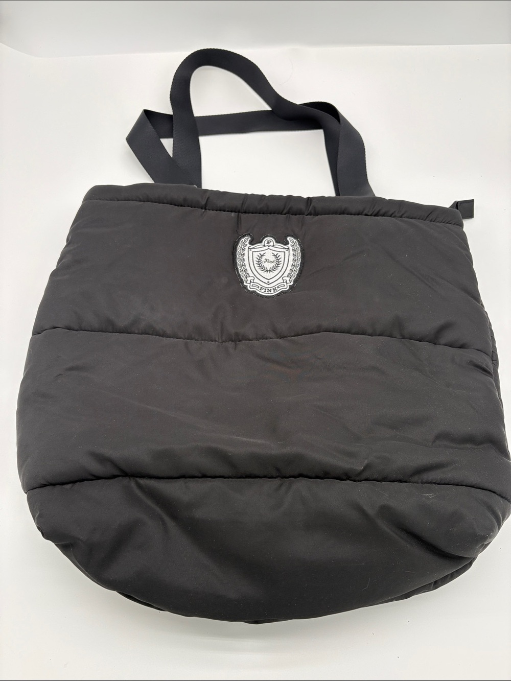 Pink Victoria's Secret Black Puffer Medium Tote Bag